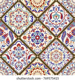 Seamless colorful patchwork. Vintage multicolor pattern in turkish style. Hand drawn background. Islam, Arabic, Indian, ottoman motifs