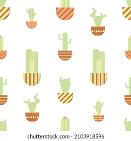 Seamless colorful patern with cactuses. Vector desert background. Wallpaper with house cactuses in pot. 