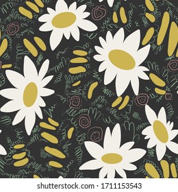 Seamless colorful pattern with abstract flowers and shapes on dark background. Great for textile, blog decoration, banner, poster, wrapping paper.