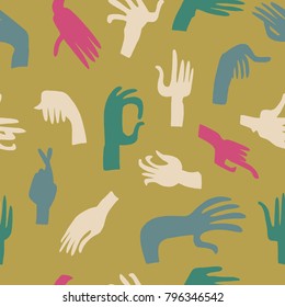 The seamless colorful pattern with abstract hands  and gestures. Hand drawn overlapping background for your design. Textile, blog decoration, banner, poster, wrapping paper.