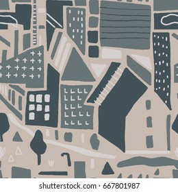 The seamless colorful pattern with abstract houses and city street. Hand drawn overlapping background for your design.Textile, blog decoration, banner, poster, wrapping paper.