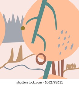 The seamless colorful pattern with abstract landscape composition. Hand drawn overlapping nature background for your design.Textile, blog decoration, banner, poster, wrapping paper.