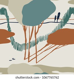 The seamless colorful pattern with abstract landscape with tree. Hand-drawn overlapping background for your design.Textile, blog decoration, banner, poster, wrapping paper