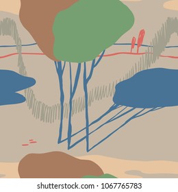The seamless colorful pattern with abstract landscape with tree. Hand-drawn overlapping background for your design.Textile, blog decoration, banner, poster, wrapping paper