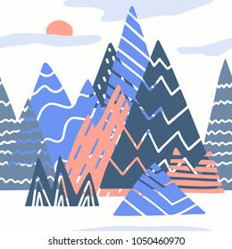 The seamless colorful pattern with abstract mountains and rocks. Hand drawn overlapping background for your design.Textile, blog decoration, banner, poster, wrapping paper.