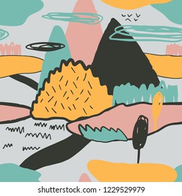The seamless colorful pattern with abstract mountains and rocks. Hand drawn overlapping background for your design.Textile, blog decoration, banner, poster, wrapping paper.