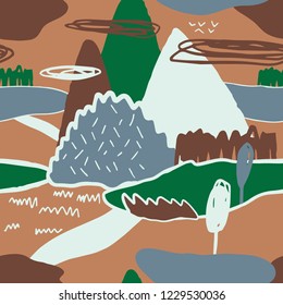 The seamless colorful pattern with abstract mountains and rocks. Hand drawn overlapping background for your design.Textile, blog decoration, banner, poster, wrapping paper.