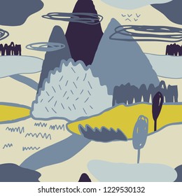 The seamless colorful pattern with abstract mountains and rocks. Hand drawn overlapping background for your design.Textile, blog decoration, banner, poster, wrapping paper.