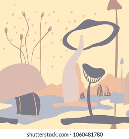 The seamless colorful pattern with abstract mushrooms. Hand drawn fantasy overlapping background for your design. Textile, blog decoration, banner, poster, wrapping paper.
