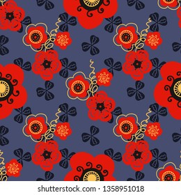 Seamless colorful pattern. Abstract poppy flower. Floral vector illustration. Red on a violet background. Modern template for fashion prints, textile, wrapping paper