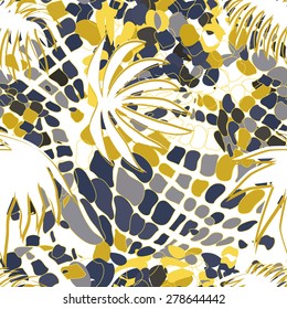 Seamless colorful pattern with abstract shapes and leafs