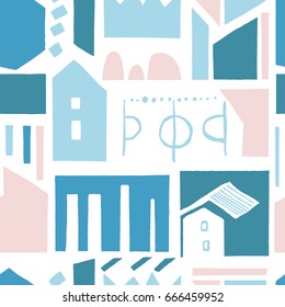 The seamless colorful pattern with abstract town, streets and football stadium. Hand drawn overlapping background for your design.Textile, blog decoration, banner, poster, wrapping paper.
