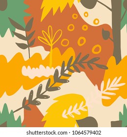 The seamless colorful pattern with abstract tropical plants. Hand drawn overlapping background for your design.Textile, blog decoration, banner, poster, wrapping paper.