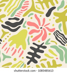 The seamless colorful pattern with abstract tropical plants. Hand drawn overlapping background for your design.Textile, blog decoration, banner, poster, wrapping paper.