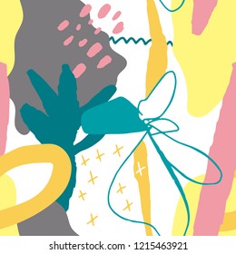 The seamless colorful pattern with abstract tropical plants. Hand drawn overlapping background for your design.Textile, blog decoration, banner, poster, wrapping paper.