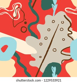 The seamless colorful pattern with abstract tropical plants. Hand drawn overlapping background for your design.Textile, blog decoration, banner, poster, wrapping paper.