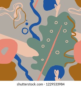 The seamless colorful pattern with abstract tropical plants. Hand drawn overlapping background for your design.Textile, blog decoration, banner, poster, wrapping paper.