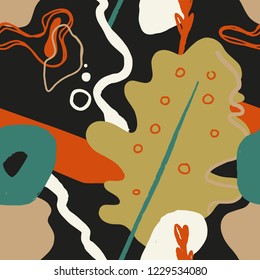 The seamless colorful pattern with abstract tropical plants. Hand drawn overlapping background for your design.Textile, blog decoration, banner, poster, wrapping paper.