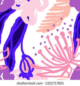 The seamless colorful pattern with abstract tropical plants. Hand drawn overlapping background for your design.Textile, blog decoration, banner, poster, wrapping paper. - Векторная графика