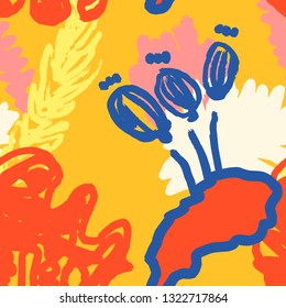 The seamless colorful pattern with abstract tropical plants. Hand drawn overlapping background for your design.Textile, blog decoration, banner, poster, wrapping paper. - Векторная графика