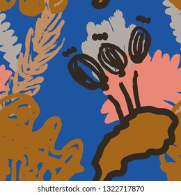 The seamless colorful pattern with abstract tropical plants. Hand drawn overlapping background for your design.Textile, blog decoration, banner, poster, wrapping paper. - Векторная графика