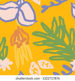 The seamless colorful pattern with abstract tropical plants. Hand drawn overlapping background for your design.Textile, blog decoration, banner, poster, wrapping paper. - Векторная графика