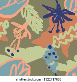 The seamless colorful pattern with abstract tropical plants. Hand drawn overlapping background for your design.Textile, blog decoration, banner, poster, wrapping paper. - Векторная графика