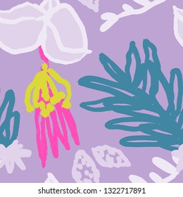 The seamless colorful pattern with abstract tropical plants. Hand drawn overlapping background for your design.Textile, blog decoration, banner, poster, wrapping paper. - Векторная графика