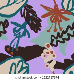 The seamless colorful pattern with abstract tropical plants. Hand drawn overlapping background for your design.Textile, blog decoration, banner, poster, wrapping paper. - Векторная графика