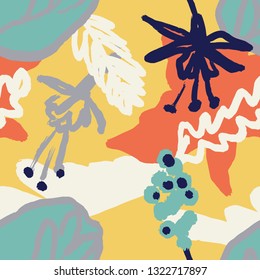 The seamless colorful pattern with abstract tropical plants. Hand drawn overlapping background for your design.Textile, blog decoration, banner, poster, wrapping paper. - Векторная графика