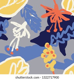 The seamless colorful pattern with abstract tropical plants. Hand drawn overlapping background for your design.Textile, blog decoration, banner, poster, wrapping paper. - Векторная графика