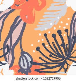 The seamless colorful pattern with abstract tropical plants. Hand drawn overlapping background for your design.Textile, blog decoration, banner, poster, wrapping paper. - Векторная графика