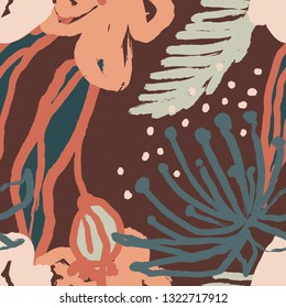 The seamless colorful pattern with abstract tropical plants. Hand drawn overlapping background for your design.Textile, blog decoration, banner, poster, wrapping paper. - Векторная графика