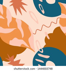 The seamless colorful pattern with abstract tropical plants. Hand drawn overlapping background for your design.Textile, blog decoration, banner, poster, wrapping paper.