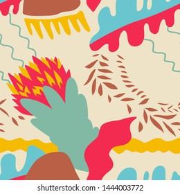 The seamless colorful pattern with abstract tropical plants. Hand drawn overlapping background for your design.Textile, blog decoration, banner, poster, wrapping paper.