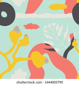 The seamless colorful pattern with abstract tropical plants. Hand drawn overlapping background for your design.Textile, blog decoration, banner, poster, wrapping paper.