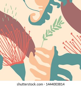 The seamless colorful pattern with abstract tropical plants. Hand drawn overlapping background for your design.Textile, blog decoration, banner, poster, wrapping paper.