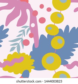 The seamless colorful pattern with abstract tropical plants. Hand drawn overlapping background for your design.Textile, blog decoration, banner, poster, wrapping paper.