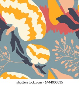 The seamless colorful pattern with abstract tropical plants. Hand drawn overlapping background for your design.Textile, blog decoration, banner, poster, wrapping paper.