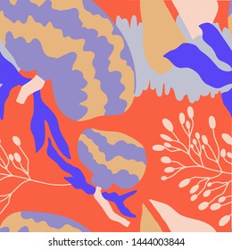 The seamless colorful pattern with abstract tropical plants. Hand drawn overlapping background for your design.Textile, blog decoration, banner, poster, wrapping paper.