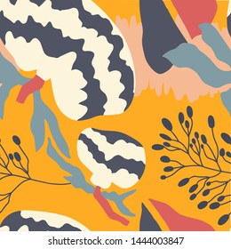 The seamless colorful pattern with abstract tropical plants. Hand drawn overlapping background for your design.Textile, blog decoration, banner, poster, wrapping paper.