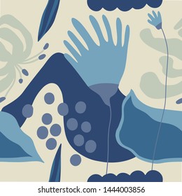 The seamless colorful pattern with abstract tropical plants. Hand drawn overlapping background for your design.Textile, blog decoration, banner, poster, wrapping paper.