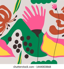 The seamless colorful pattern with abstract tropical plants. Hand drawn overlapping background for your design.Textile, blog decoration, banner, poster, wrapping paper.