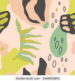 The seamless colorful pattern with abstract tropical plants. Hand drawn overlapping background for your design.Textile, blog decoration, banner, poster, wrapping paper.
