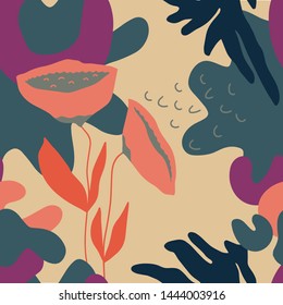 The seamless colorful pattern with abstract tropical plants. Hand drawn overlapping background for your design.Textile, blog decoration, banner, poster, wrapping paper.