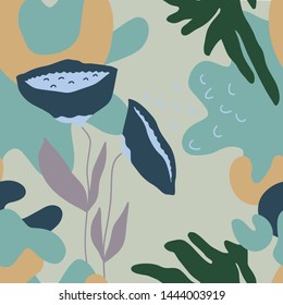 The seamless colorful pattern with abstract tropical plants. Hand drawn overlapping background for your design.Textile, blog decoration, banner, poster, wrapping paper.