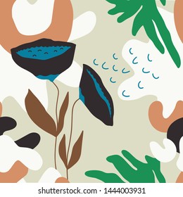 The seamless colorful pattern with abstract tropical plants. Hand drawn overlapping background for your design.Textile, blog decoration, banner, poster, wrapping paper.