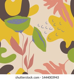 The seamless colorful pattern with abstract tropical plants. Hand drawn overlapping background for your design.Textile, blog decoration, banner, poster, wrapping paper.