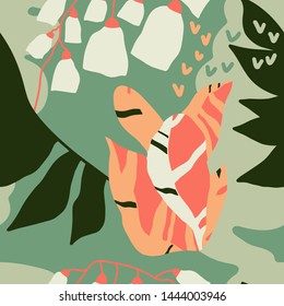 The seamless colorful pattern with abstract tropical plants. Hand drawn overlapping background for your design.Textile, blog decoration, banner, poster, wrapping paper.