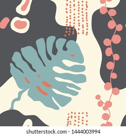 El patrón colorido sin fisuras con plantas tropicales abstractas. Trato manual de fondo superpuesto para tu diseño.Textil, decoración de blog, banner, afiche, papel envolvente.